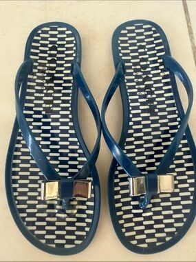 Coach Navy Blue Jelly Thong Sandals with Silver Bow Accent